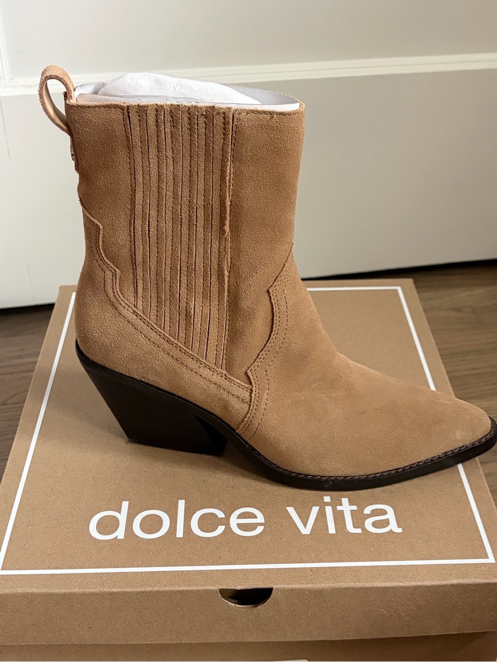 Dolce Vita Vaydin Tan Suede Western-Style Ankle Bootie
